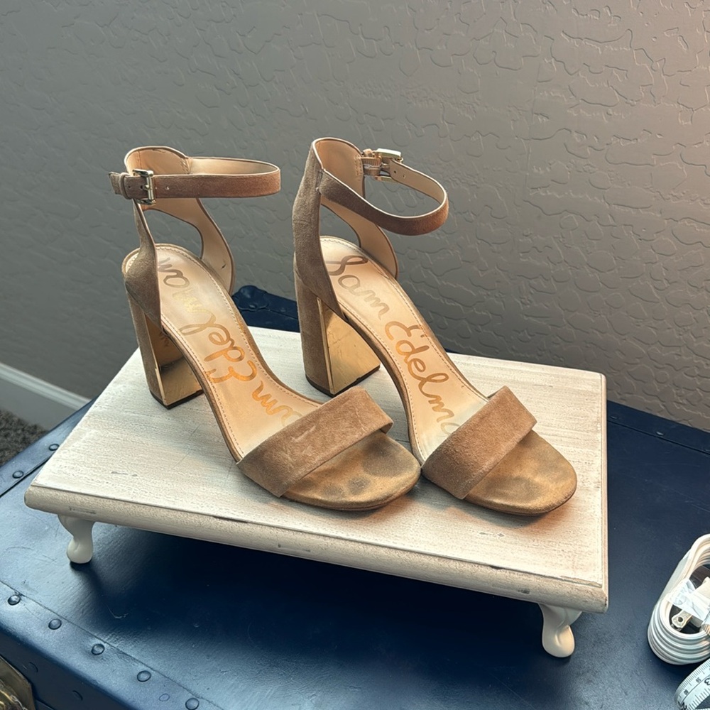 Sam Edelman Synthia tan suede gold block heels 4inch heel, size 10